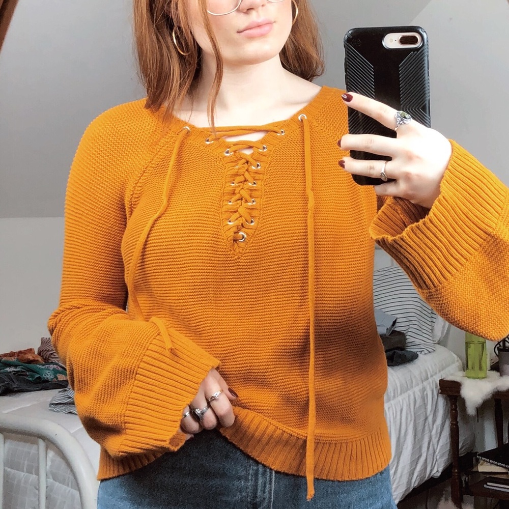 Orange / Mustard Bell Sleeve Lace up Sweater